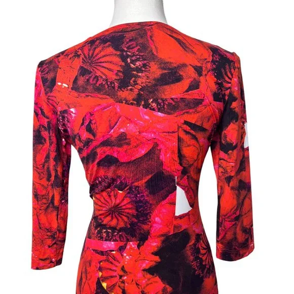 Preen By Thornton Bregazzi 3/4 Sleeve Patterned Bodycon Dress Red Black Size XS - Picture 12 of 14